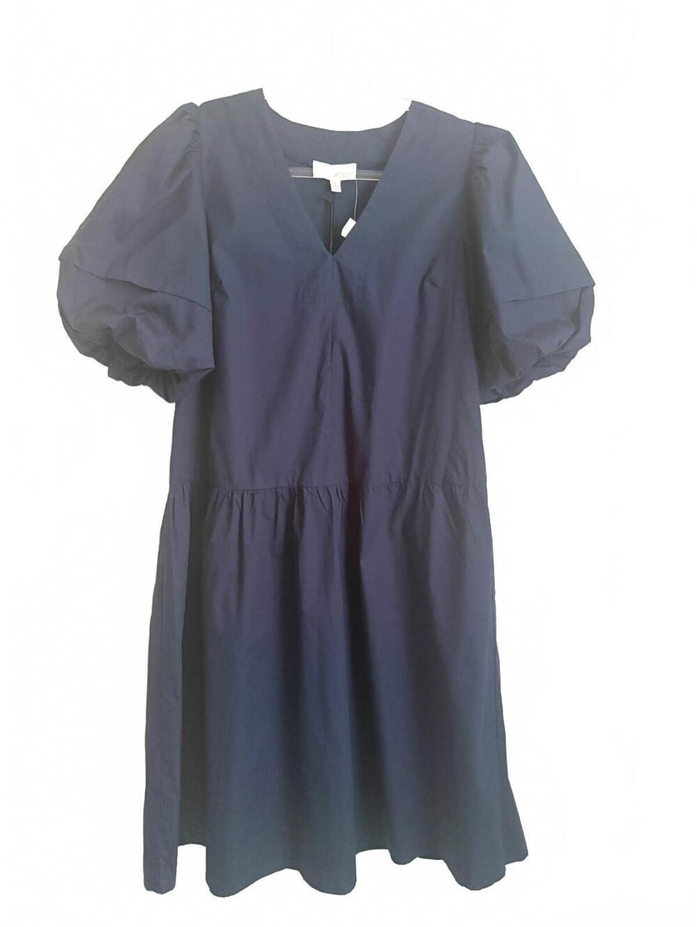 Pinch | NWT Navy Blue V-Neck Puff Sleeve Dress with Pockets 100% Cotton Size L